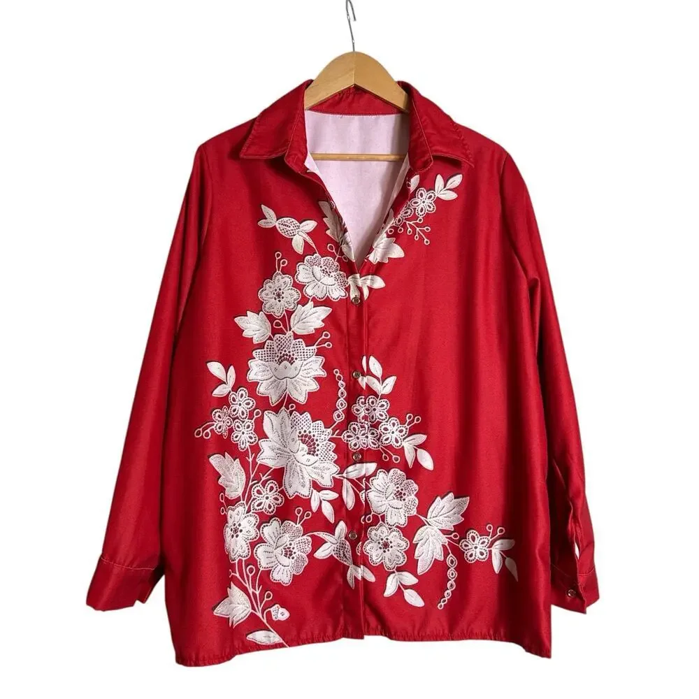 Women's Screen Printed Floral Print Button Front Shirt Size XL Red Cream NWT